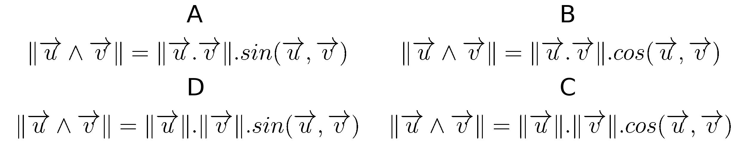 Donner parmis les proposition la formule qui permet de calculer la norme du produit vectoriel des vecteurs \(\vec{u}\) et \(\vec{v}\).